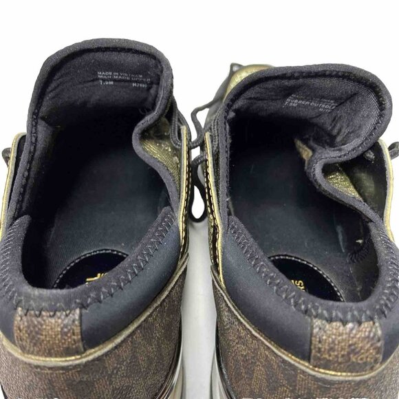 MK Logo Michael Kors 7.5 Wedge Heel Trainer Sneakers Black & Bronze Shoes - Picture 7 of 8